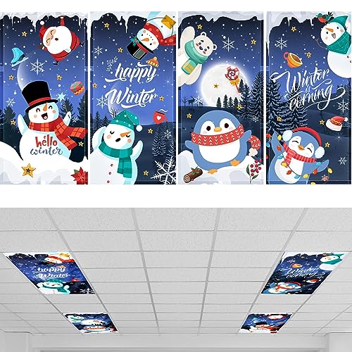 Hortsun 4 Pcs 4 x 2 Feet Fluorescent Light Covers for Ceiling Lights Classroom Office Magnetic Filters Diffusers for Reducing Harsh Glare Flicker Home Decorations (Snowman) - style: Snowman
