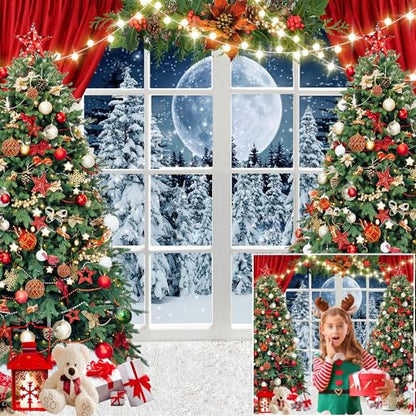 10x10ft Christmas Backdrop Christmas Window Backdrop for Photography Winter Xmas Tree Snow Gift New Year Party Backdrops Xmas Night Family Party Background - size: 10x10ft