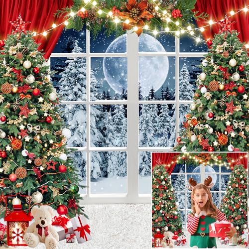 10x10ft Christmas Backdrop Christmas Window Backdrop for Photography Winter Xmas Tree Snow Gift New Year Party Backdrops Xmas Night Family Party Background - size: 10x10ft