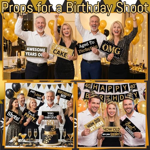 Beeveer 24 Designs Birthday Photo Booth Props Double Sided 11x5.5 Inch Happy Birthday Photo Booth Props 40th 50th 60th Funny Holiday Graduation Wedding Party Favors Supplies DIY Waterproof Selfie Sign - color: Black Gold, style: Birthday