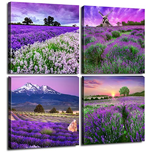 Purple Wall Art Lavender Bathroom Purple Wall Decor Nature Mountain Landscape Pictures for Living Room France Provence Canvas Prints Painting Flower Scenery Poster Bedroom Home Decorations 12x12" 4Pcs - color: Purple Lavender, size: 12"l X 12"w