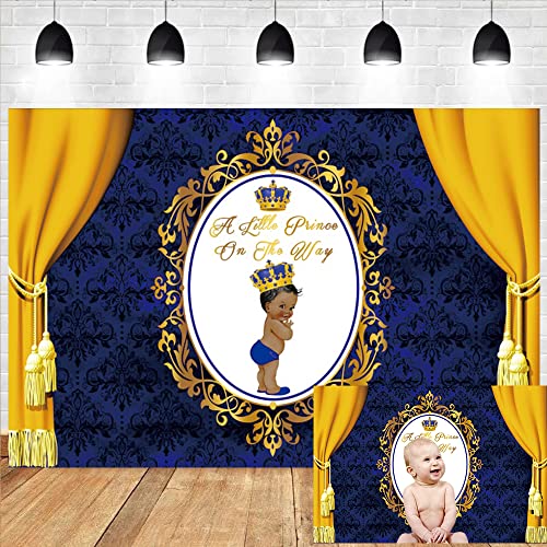 Leyiyi 15x10ft A Little Prince on The Way Backdrop Royal Prince Crown Cute Baby Gold Dark Blue Photography Background Lace Curtain Texture Decor Banner Newborn Boy Baby Shower Dessert Table Decor - size: 15x10ft