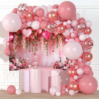 Flowers Wall Backdrop Pink Flowers Love Heart Balloons Romantic Photography Background Wedding Anniversary Birthday Valentines Party Decorations Banner Supplies (7x5FT) - size: 7x5FT