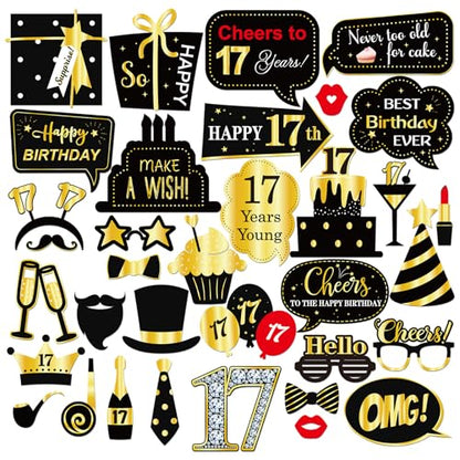 INNORU 17th Birthday Photo Booth Props, Boys Girls 17th Birthday Photoshoot Funny Birthday Party Photography Props Favor 17 Years Old Centerpiece Sticks Decorations Black & Gold 35 PCS - size: 17