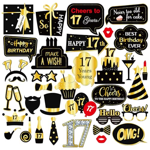 INNORU 17th Birthday Photo Booth Props, Boys Girls 17th Birthday Photoshoot Funny Birthday Party Photography Props Favor 17 Years Old Centerpiece Sticks Decorations Black & Gold 35 PCS - size: 17