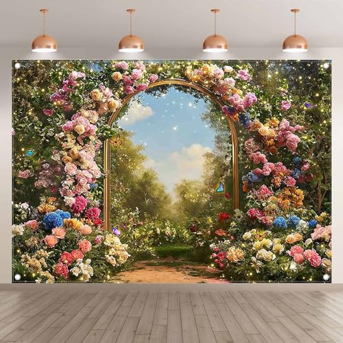 7x5ft Fabric Spring Enchanted Garden Backdrop Fairytale Forest Floral Butterfly Wonderland Oil Paint Photography Background Girl Kids Birthday Decor Photo Banner - size: 7'x5'