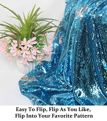 DUOBAO Turquoise to Silver Sequin Fabric by The Yard Mermaid Two Color Change Glitter Fabrics Aqua Reversible Sparkle Sequins - color: Silver to Turquoise, size: 1 Yard