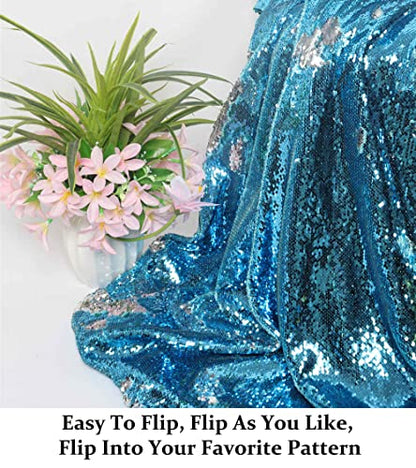 DUOBAO Turquoise to Silver Sequin Fabric by The Yard Mermaid Two Color Change Glitter Fabrics Aqua Reversible Sparkle Sequins - color: Silver to Turquoise, size: 1 Yard