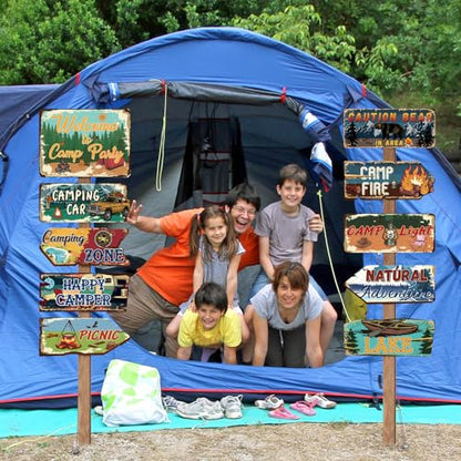 Hooqict 20 Pieces Camping Party Decorations Camping Themed Party Directional Signs for Summer Camp Day Classroom Welcome to Camp Birthday Decor Picnic Yard Sign - style: Camp