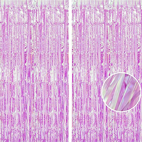 BRAVESHINE Iridescent Purple Foil Curtain - 2 Pack 3.2x6.5ft Holographic Party Streamers Tinsel Backdrop for Girl/Birthday/Valentine’s/Bachelorette/Engagement/Mermaid/Butterfly/Bridal Shower Decor - color: Clear Purple