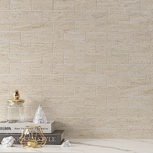 20-Sheet Greek Beige Sandstone Peel and Stick Backsplash - 13.5" x 5.8" Thickened 3D Subway Tile - 1.4X Coverage Area Grout-Free Wall Tiles for Kitchen & Bathroom (9.2 Sq.Ft) - color: Beige Sandstone Texture