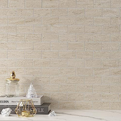 20-Sheet Greek Beige Sandstone Peel and Stick Backsplash - 13.5" x 5.8" Thickened 3D Subway Tile - 1.4X Coverage Area Grout-Free Wall Tiles for Kitchen & Bathroom (9.2 Sq.Ft) - color: Beige Sandstone Texture