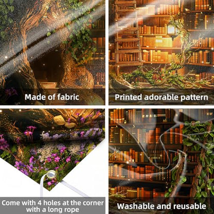 Fairy Woodland Library Backdrop Spring Enchanted Forest Bookshelf Book Tree Photography Backgrounds Magic Nature Girl Birthday Party Decorations Banner Photo Booth Props 9X6ft - size: 9X6ft
