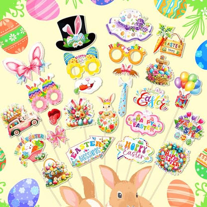 25 Pcs Easter Photo Booth Props with Stick, Bunny Eggs Theme Selfie Props, Happy Easter Day Birthday Party Supplies, Photography Backdrop Decorations