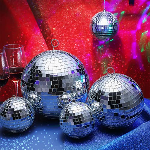 Haull 8 Pcs Large Disco Ball Set Silver Mirror Disco Reflective Ball with Hanging Ring Party Ornament Decoration for Stage Club Ballroom Dance Hall Wedding Prom Props(8'', 6'', 4'') - size: 8'', 6'', 4''
