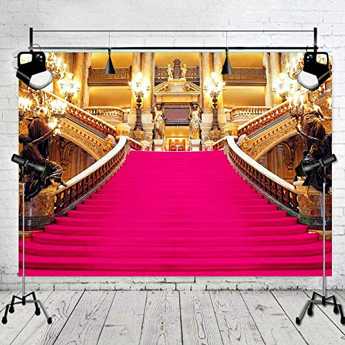 Pink Carpet Stairs Backdrop, Royal Themed Birthday Party Photo Backdrop Vinyl 7x5ft Golden Palace Gorgeous European Hall Bridal Shower Banner BJXTGU84 - color: Pink, size: 7x5ft