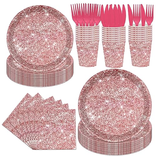 144PCS Pink Rose Gold Plates and Napkins Rose Gold Birthday Party Supplies Pink Rose Gold Party Tableware Set Pink Glitter Paper Plates Napkins Cups Forks Knives Birthday Baby Shower Decor Serve 24 - style: Pink