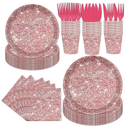 144PCS Pink Rose Gold Plates and Napkins Rose Gold Birthday Party Supplies Pink Rose Gold Party Tableware Set Pink Glitter Paper Plates Napkins Cups Forks Knives Birthday Baby Shower Decor Serve 24 - style: Pink