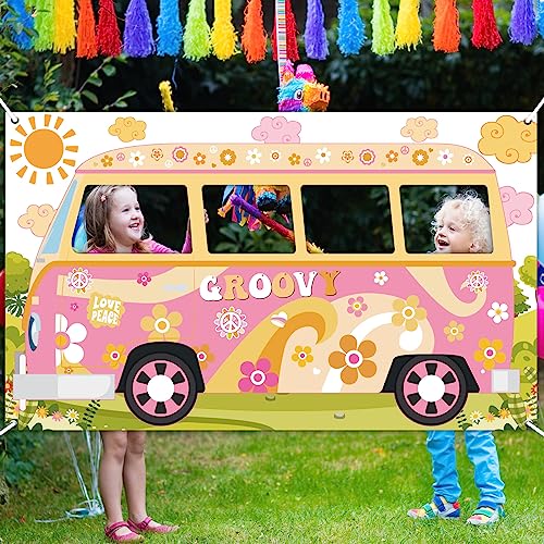Hippie Bus Photo Prop Groovy Birthday Party Decorations Large Fabric Groovy Van Prop Hippie Selfie Frame Backdrop Background Banner Birthday Supplies Retro Daisy 60s 70s Party Favors 65.8 x 35.4 Inch - style: Hippie