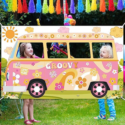 Hippie Bus Photo Prop Groovy Birthday Party Decorations Large Fabric Groovy Van Prop Hippie Selfie Frame Backdrop Background Banner Birthday Supplies Retro Daisy 60s 70s Party Favors 65.8 x 35.4 Inch - style: Hippie