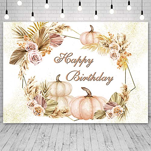 SENDY 7x5ft Boho Happy Birthday Backdrop for Girls Women Autumn Pumpkin Flowers Pampas Grass Photography Background Birthday Party Decorations Banner Photo Booth Props