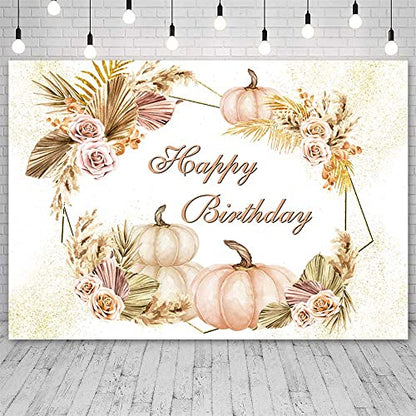 SENDY 7x5ft Boho Happy Birthday Backdrop for Girls Women Autumn Pumpkin Flowers Pampas Grass Photography Background Birthday Party Decorations Banner Photo Booth Props