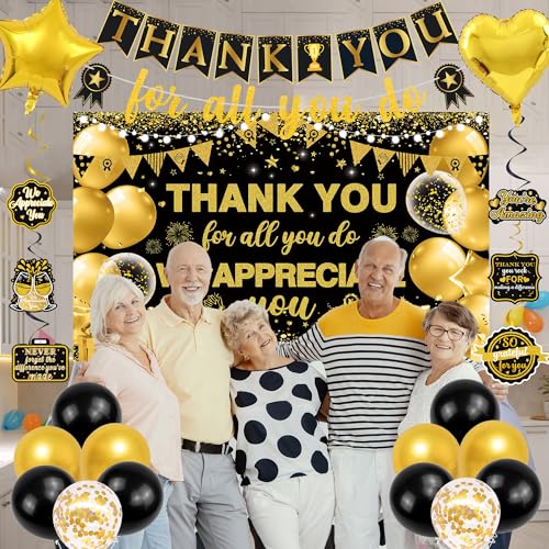 Vlipoeasn We Appreciate You Banner Decorations, Black Gold Thank You for All You Do Backdrop Banner Honeycomb Centerpieces, Retirement Office Decor Staff Teachers Professors Doctor Nurses Appreciation - style: Black Gold