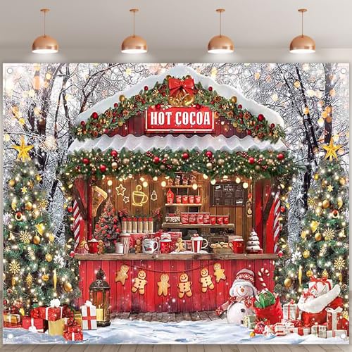 Fabric 10x8ft Christmas Hot Cocoa Bar Photography Backdrop Candy Shop Winter Snowman Scene Xmas Tree Chocolate Background Kids Family Party Decorations Photo Props - size: 10'x8'