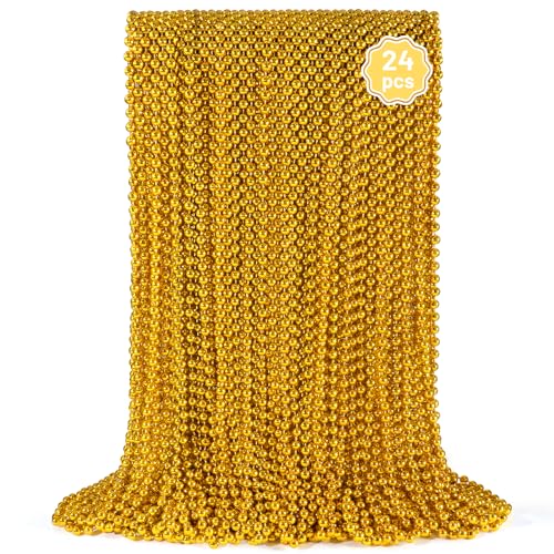 YAXINRUI 24 PCS Gold Mardi Gras Beads, Gold Bead Necklaces, Christmas Bead Necklaces, 33 Inch Round Beaded Necklaces for Mardi Gras Party Christmas New Year Eve Festive Events, Party Favors - color: Gold, size: 24 Pcs