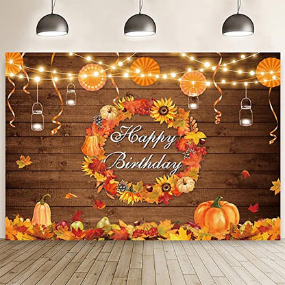 AIBIIN Fall Birthday Banner Backdrop Autumn Rustic Wood Wall Photography Background Thanksgiving Pumpkin Maple Leaf Harvest Wreath Mexican Paper Fan Party Decoration Bday Cake Smash Photo Studio Props - size: 7x5ft