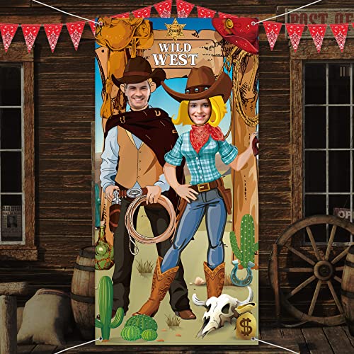 Blulu 6 x 3 ft Western Cowboy Backdrop Party Decorations - Wild West Rodeo Photo Booth Props Background & Door Banner with Funny Supplies for Birthday, Cowboy Theme Events Rustic Poster