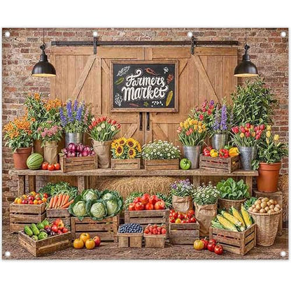10x8ft Fabric Farmers Market Backdrop Fresh Vegetables Flowers Wooden Barn Spring Photography Background Baby Shower Birthday Party Decorations Photo Banner Props - size: 10'x8'