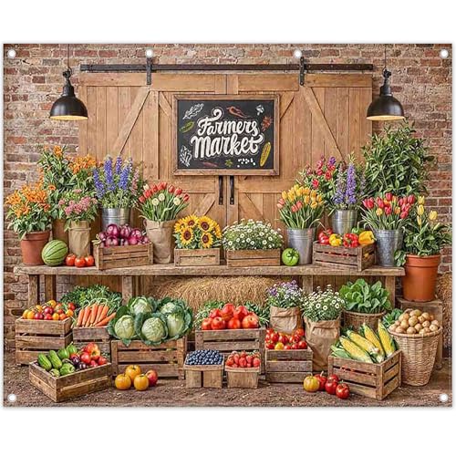 10x8ft Fabric Farmers Market Backdrop Fresh Vegetables Flowers Wooden Barn Spring Photography Background Baby Shower Birthday Party Decorations Photo Banner Props - size: 10'x8'