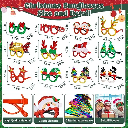 48 Pcs Christmas Glasses Frame and Headbands Set, Cute Christmas Head Boppers and Glasses with 24 Designs Santa Hat Leprechaun Snowman Reindeer Antler, Christmas Party Favors, Accessories, Supplies - style: 48 PCS