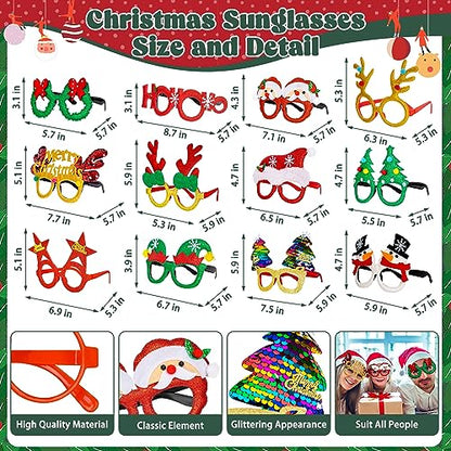 48 Pcs Christmas Glasses Frame and Headbands Set, Cute Christmas Head Boppers and Glasses with 24 Designs Santa Hat Leprechaun Snowman Reindeer Antler, Christmas Party Favors, Accessories, Supplies - style: 48 PCS