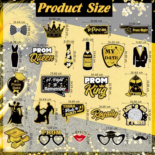 24 Pieces Black Gold Prom Photo Booth Props Kit, Graduation Party Decorations Supplies for Prom Night, Themed Dance & Senior High School Decor