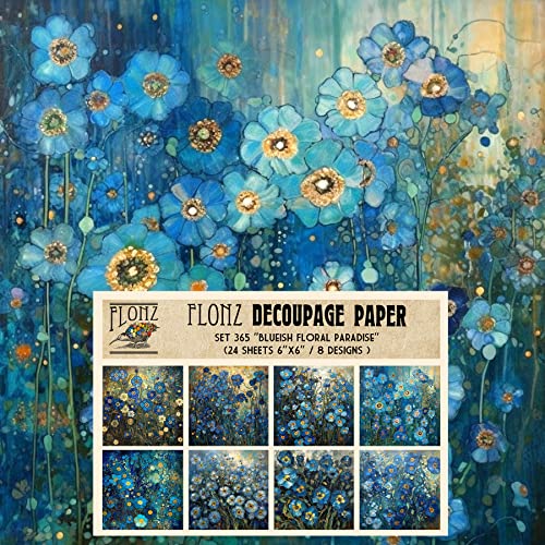 Decoupage Paper Pack (24 Sheets 6"x6") Floral Paradise in Blue # Vintage Styled Pattern Paper for Decoupage, Craft and Scrapbooking - color: ThirtyThree
