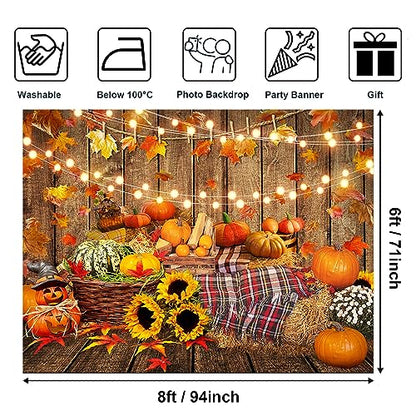 Avezano Fall Backdrop 8x6 ft Autumn Harvest Thanksgiving Wood Background Sunflower Hay Newborn Fall Photography Background Photo Booth Prop - size: 8x6ft, 95x71inch