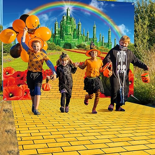 4Pack Yellow Brick Road Runner and Emerald Castle Backdrop for Wizard Party Decorations,Yellow Brick Stone Road Leading Emerald Castle Rainbow Background for Photography Halloween Princess Party Decor