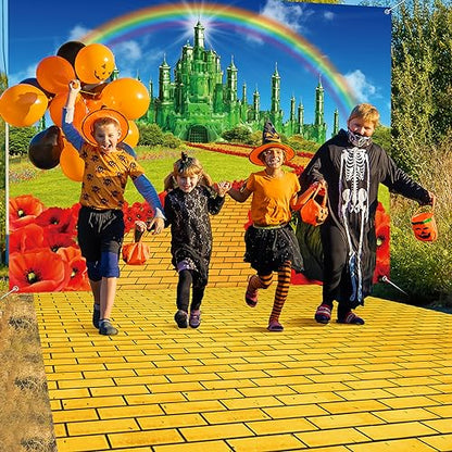4Pack Yellow Brick Road Runner and Emerald Castle Backdrop for Wizard Party Decorations,Yellow Brick Stone Road Leading Emerald Castle Rainbow Background for Photography Halloween Princess Party Decor