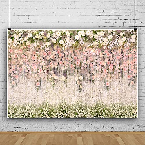 Bridal Shower Floral Wedding Backdrop 10x8ft Vinyl Pink and White Flower Wall Background for Photography Ceremony Anniversary Dessert Table Reception Decorations Banner Studio Photoshoot Props