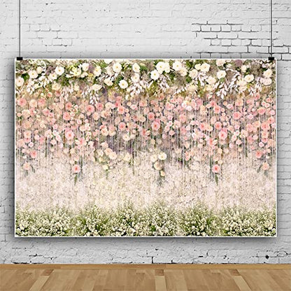Bridal Shower Floral Wedding Backdrop 10x8ft Vinyl Pink and White Flower Wall Background for Photography Ceremony Anniversary Dessert Table Reception Decorations Banner Studio Photoshoot Props