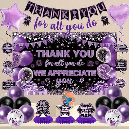 Vlipoeasn We Appreciate You Banner Decorations, Black Purple Thank You for All You Do Backdrop Banner Honeycomb, Retirement Office Decor Staff Teachers Professors Doctor Nurses Appreciation - style: Purple