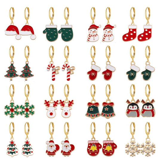 16 Pairs Christmas Reindeer Santa Hoop Earrings for Women Unique Winter Xmas Tree Snowflake Bow Bell Snowman Penguin Earrings Christmas New Year Jewelry Gifts - style: Hat