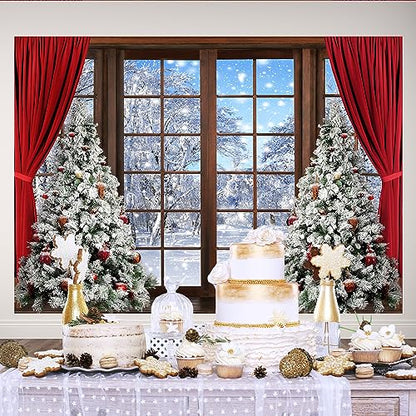 Lofaris 7x5ft Winter Scene Backdrop Wonderland Snowflake Photography Background Window Red Curtain Forest Christmas Tree Party Decoration Tree Landscape Kids Portrait Photobooth Photo Studio Props