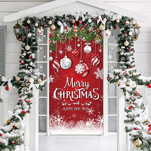 Irenare Christmas Door Cover Snowflake Merry Christmas Background Banner Xmas Fabric Door Banner Photography Hanging Cover Photo Booth Props Decorations for House Doors Decor, 70.9 x 35.4 Inch - style: Snowflake