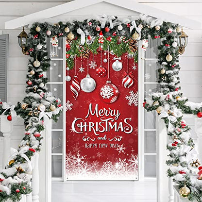 Irenare Christmas Door Cover Snowflake Merry Christmas Background Banner Xmas Fabric Door Banner Photography Hanging Cover Photo Booth Props Decorations for House Doors Decor, 70.9 x 35.4 Inch - style: Snowflake