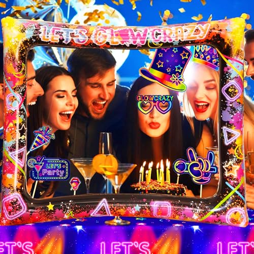 30PCS Neon Photo Booth Props, Glow Inflatable Photo Booth Frame, Funny Selfie Props for Neon Party Accessories Let's Glow in The Dark Birthday Party Wedding Carnival - color: Let's Glow