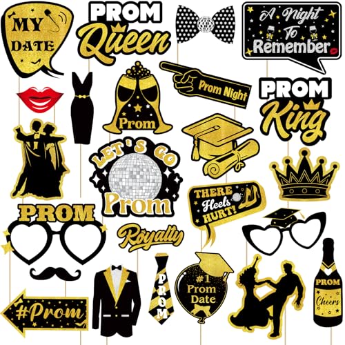 24 Pieces Black Gold Prom Photo Booth Props Kit, Graduation Party Decorations Supplies for Prom Night, Themed Dance & Senior High School Decor