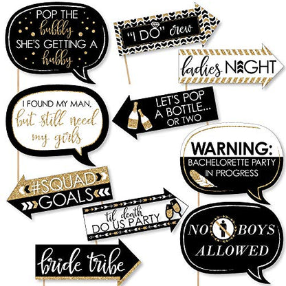 Funny Bride Tribe - Bridal Shower & Bachelorette Party Photo Booth Props Kit - 10 Piece - color: Black, White, Gold
